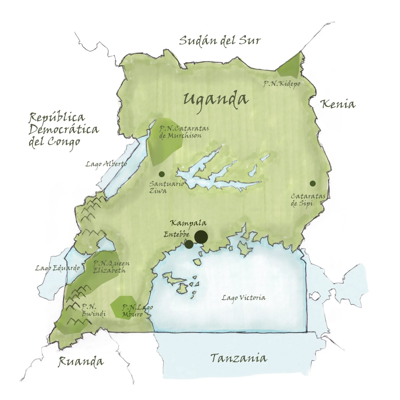 Map of Uganda showing national parks